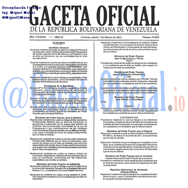 Gaceta Oficial 39859 del 7 Febrero 2012