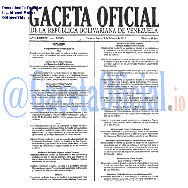 Gaceta Oficial 39863 del 13 Febrero 2012