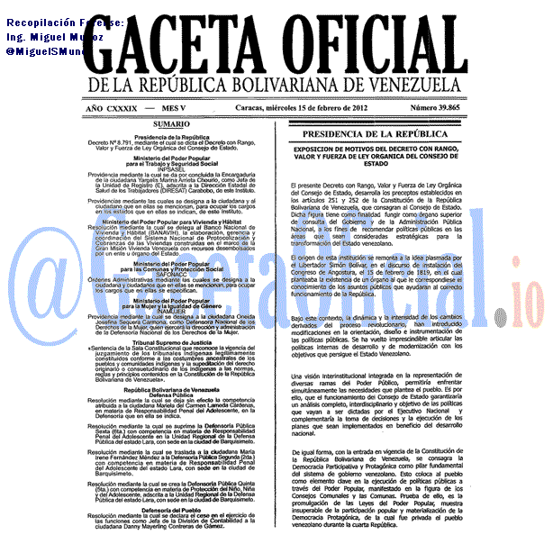 Gaceta Oficial 39865 del 15 Febrero 2012