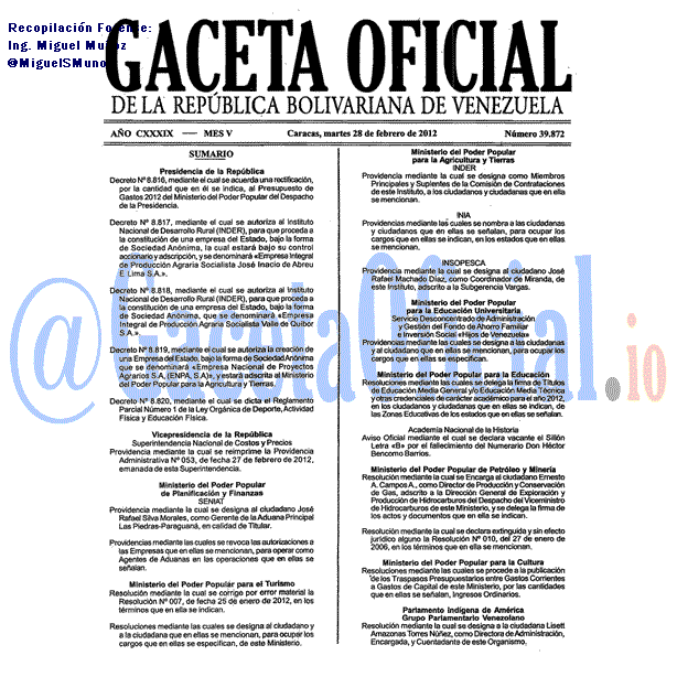 Gaceta Oficial 39872 del 28 Febrero 2012