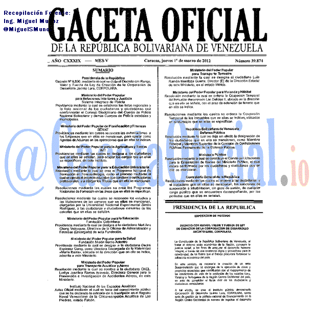 Gaceta Oficial 39874 del 1 Marzo 2012