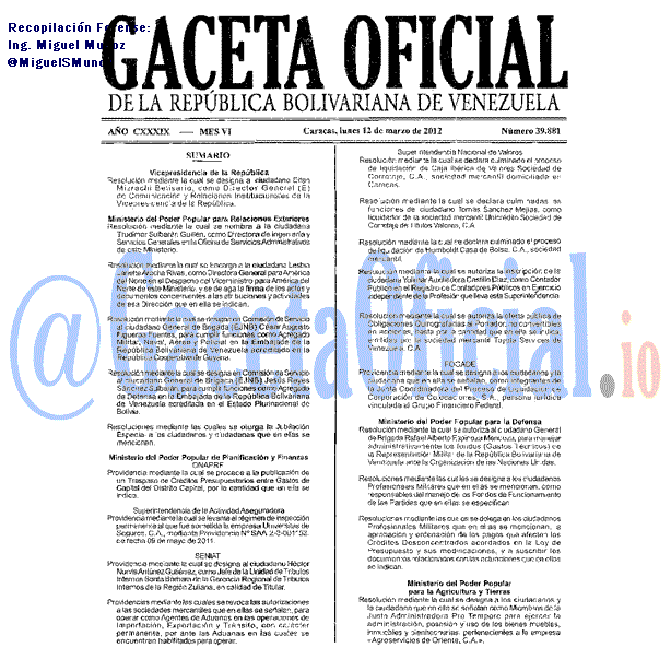 Gaceta Oficial 39881 del 12 Marzo 2012