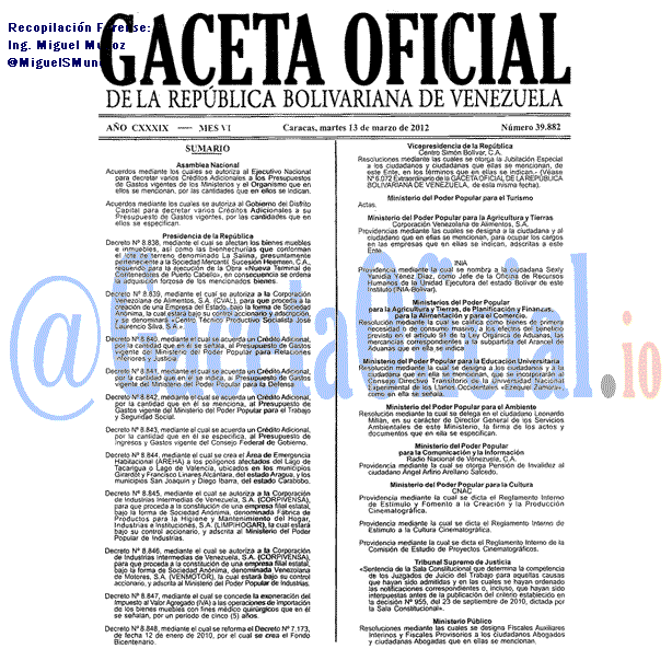 Gaceta Oficial 39882 del 13 Marzo 2012