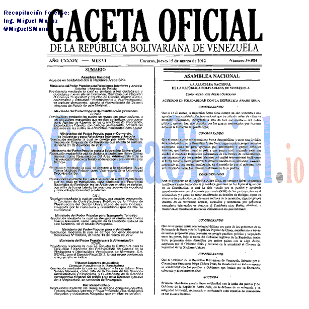 Gaceta Oficial 39884 del 15 Marzo 2012