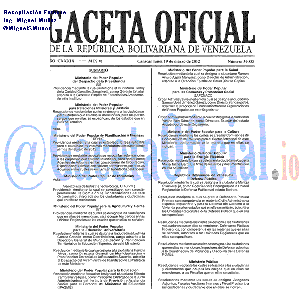 Gaceta Oficial 39886 del 19 Marzo 2012