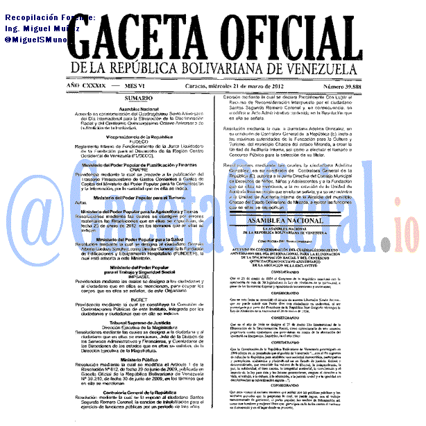Gaceta Oficial 39888 del 21 Marzo 2012