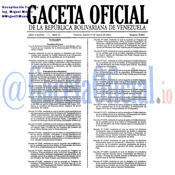 Gaceta Oficial 39892 del 27 Marzo 2012