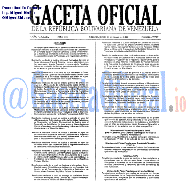 Gaceta Oficial 39929 del 24 Mayo 2012