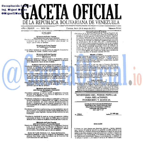 Gaceta Oficial 39931 del 28 Mayo 2012