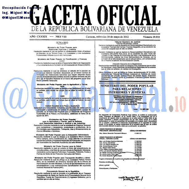 Gaceta Oficial 39933 del 30 Mayo 2012