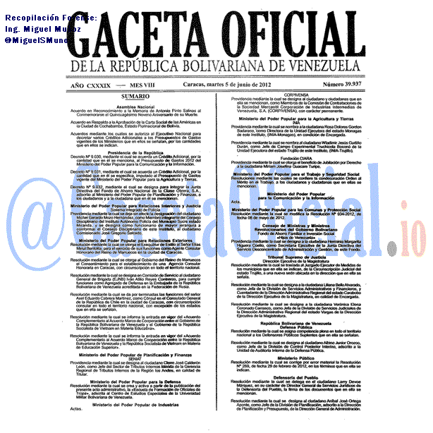 Gaceta Oficial 39937 del 5 Junio 2012