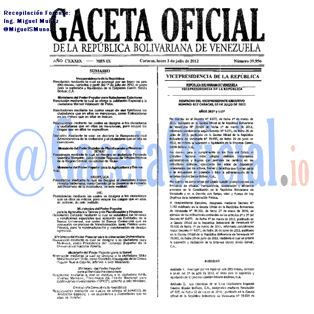 Gaceta Oficial 39956 del 2 Julio 2012