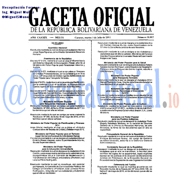 Gaceta Oficial 39957 del 3 Julio 2012