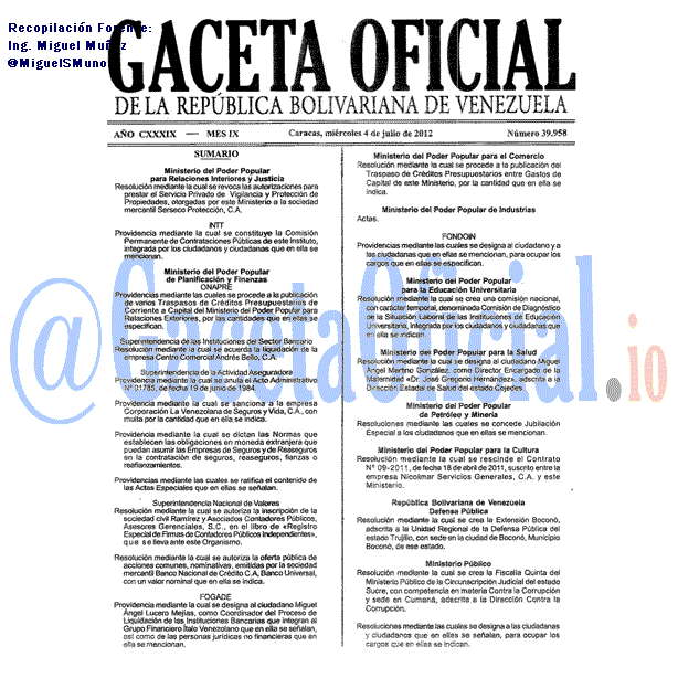 Gaceta Oficial 39958 del 4 Julio 2012