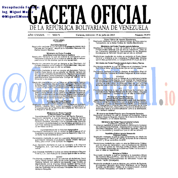 Gaceta Oficial 39971 del 25 Julio 2012