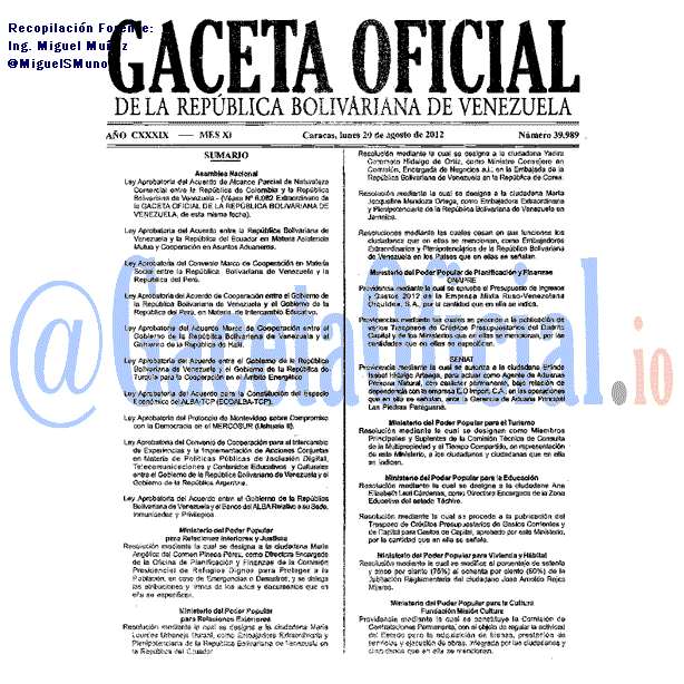 Gaceta Oficial 39989 del 20 Agosto 2012