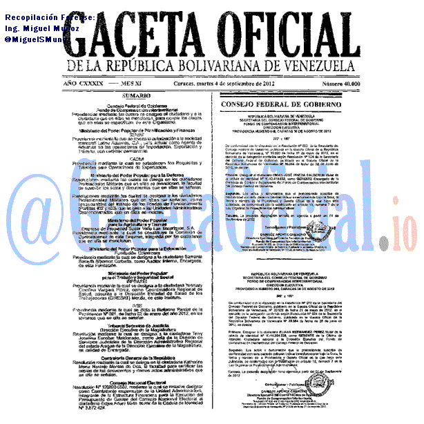 Gaceta Oficial 40000 del 4 Septiembre 2012
