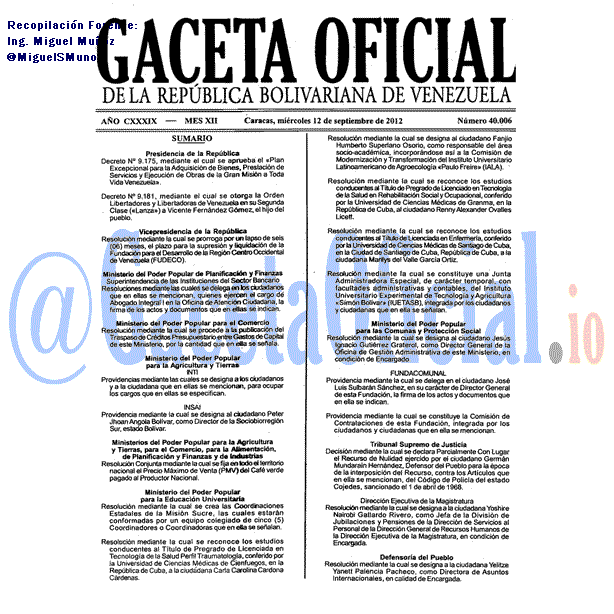 Gaceta Oficial 40006 del 12 Septiembre 2012