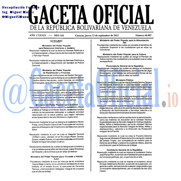 Gaceta Oficial 40007 del 13 Septiembre 2012