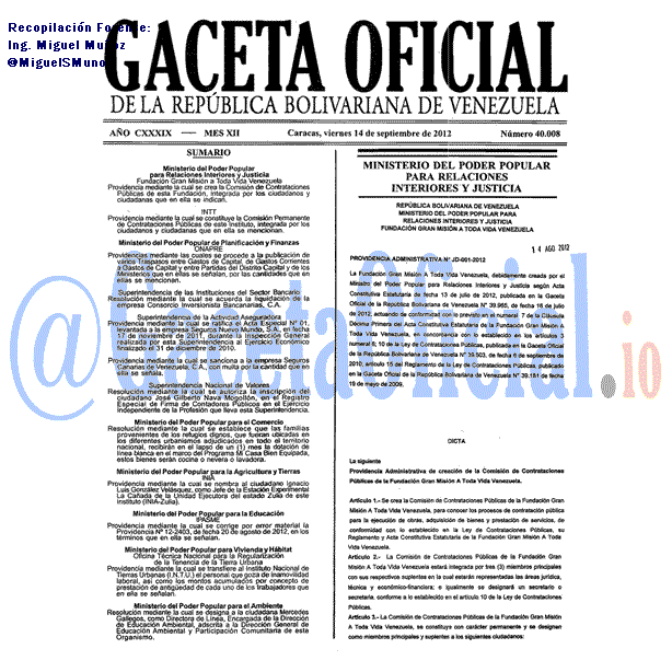 Gaceta Oficial 40008 del 14 Septiembre 2012