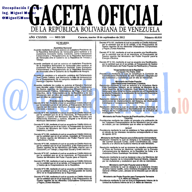Gaceta Oficial 40010 del 18 Septiembre 2012
