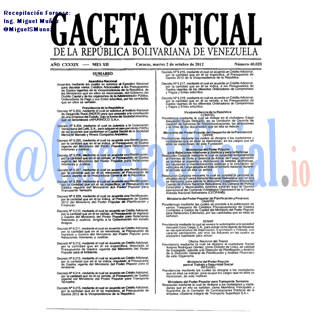 Gaceta Oficial 40020 del 2 Octubre 2012