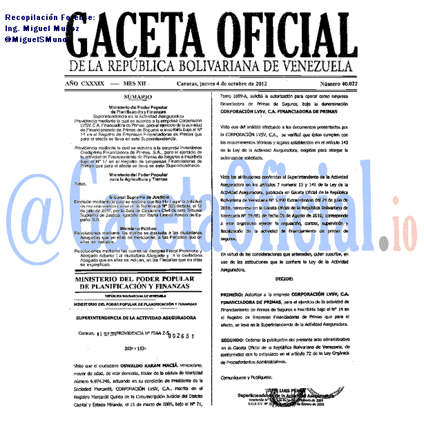 Gaceta Oficial 40022 del 4 Octubre 2012