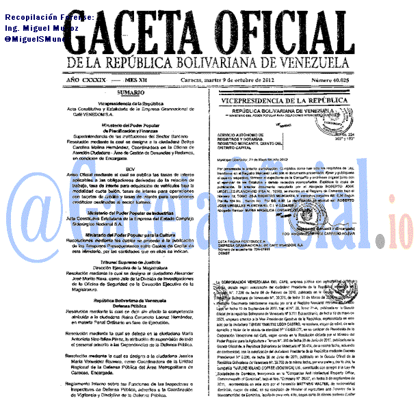 Gaceta Oficial 40025 del 9 Octubre 2012