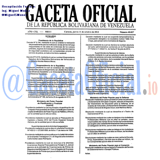 Gaceta Oficial 40027 del 11 Octubre 2012