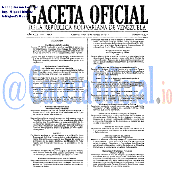 Gaceta Oficial 40028 del 15 Octubre 2012