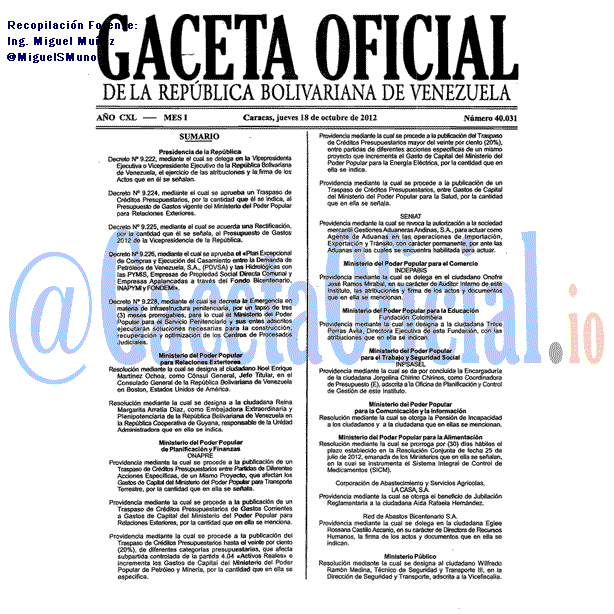 Gaceta Oficial 40031 del 18 Octubre 2012