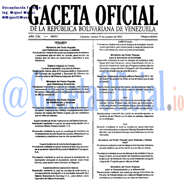 Gaceta Oficial 40032 del 19 Octubre 2012
