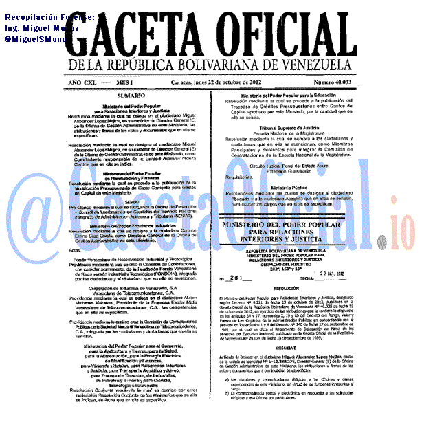 Gaceta Oficial 40033 del 22 Octubre 2012