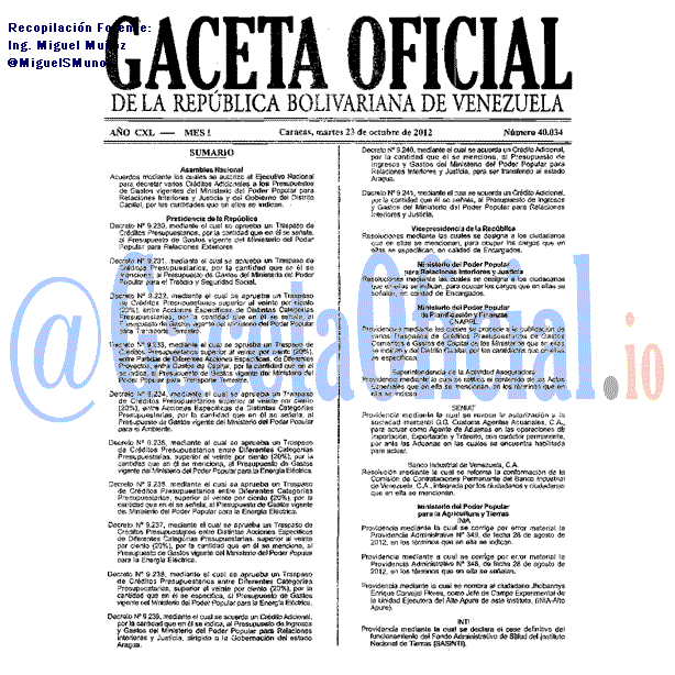Gaceta Oficial 40034 del 23 Octubre 2012