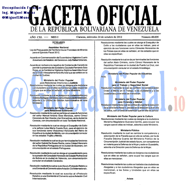 Gaceta Oficial 40035 del 24 Octubre 2012
