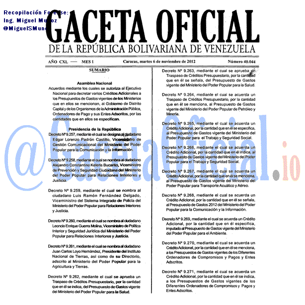 Gaceta Oficial 40044 del 6 Noviembre 2012