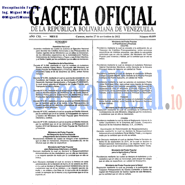 Gaceta Oficial 40059 del 27 Noviembre 2012