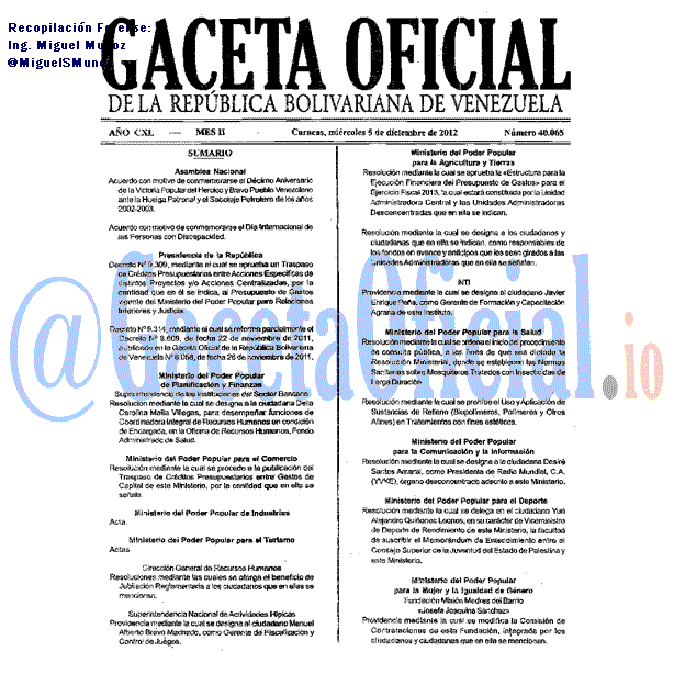 Gaceta Oficial 40065 del 5 Diciembre 2012