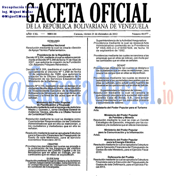 Gaceta Oficial 40077 del 21 Diciembre 2012