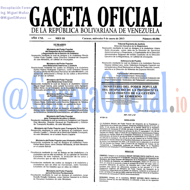 Gaceta Oficial 40086 del 9 Enero 2013