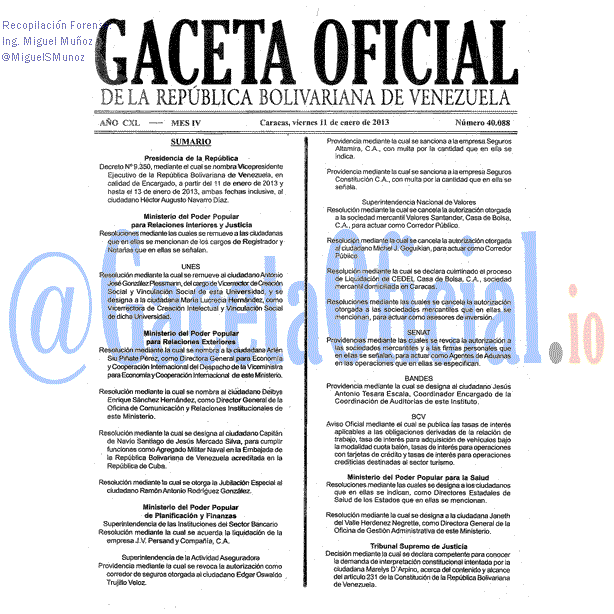 Gaceta Oficial 40088 del 11 Enero 2013