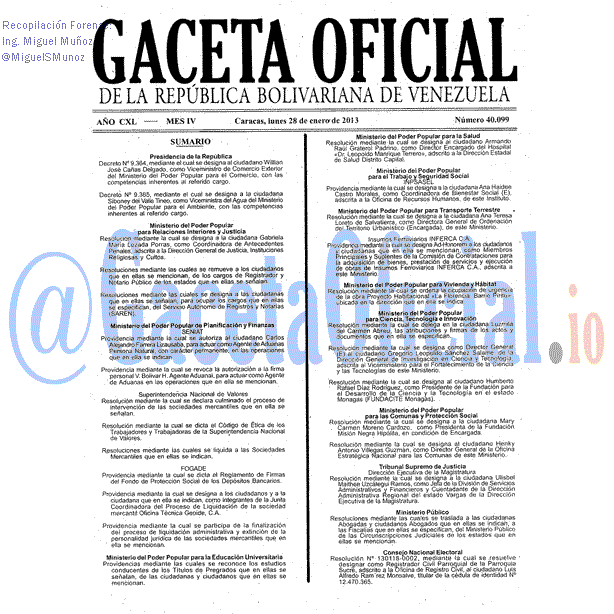 Gaceta Oficial 40099 del 28 Enero 2013