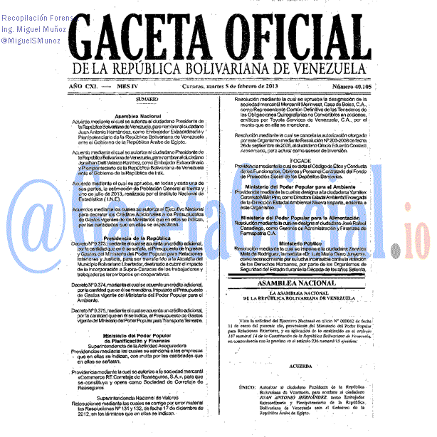 Gaceta Oficial 40105 del 5 Febrero 2013