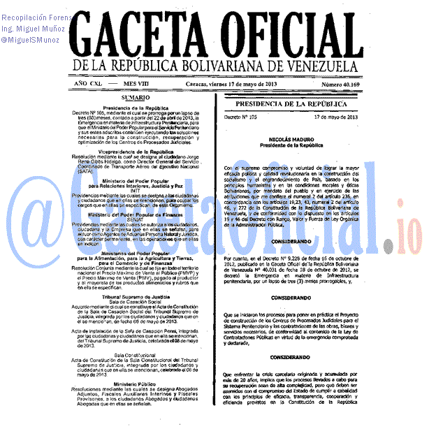 Gaceta Oficial 40169 del 17 Mayo 2013