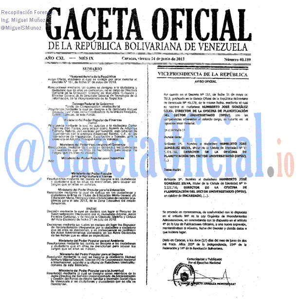 Gaceta Oficial 40189 del 14 Junio 2013
