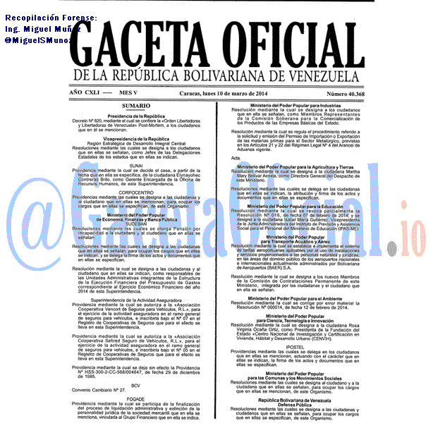 Gaceta Oficial 40368 del 10 Marzo 2014 Gaceta Oficial 40368 del 10 Marzo 2014