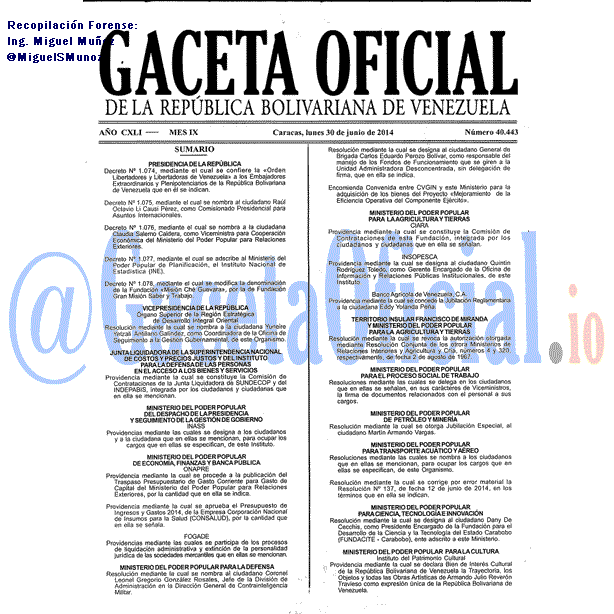 Gaceta Oficial 40443 del 30 Junio 2014 Gaceta Oficial 40443 del 30 Junio 2014