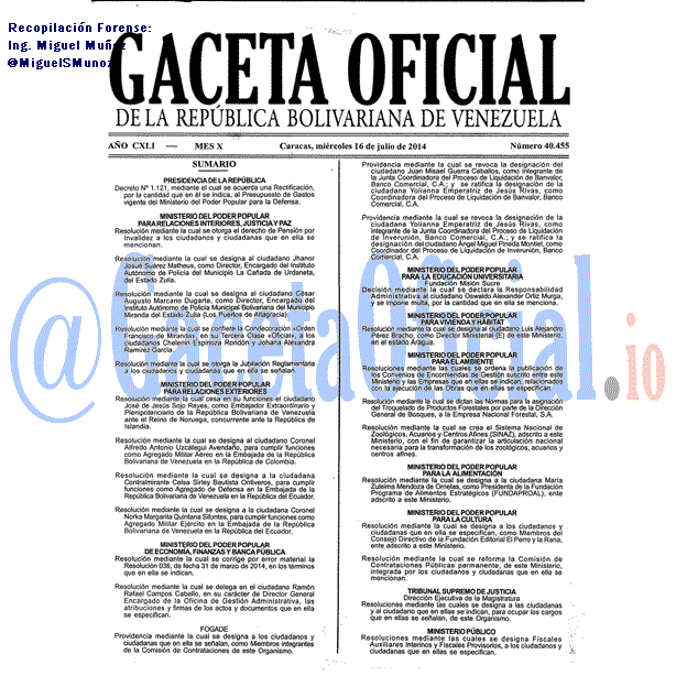 Gaceta Oficial 40455 del 16 Julio 2014