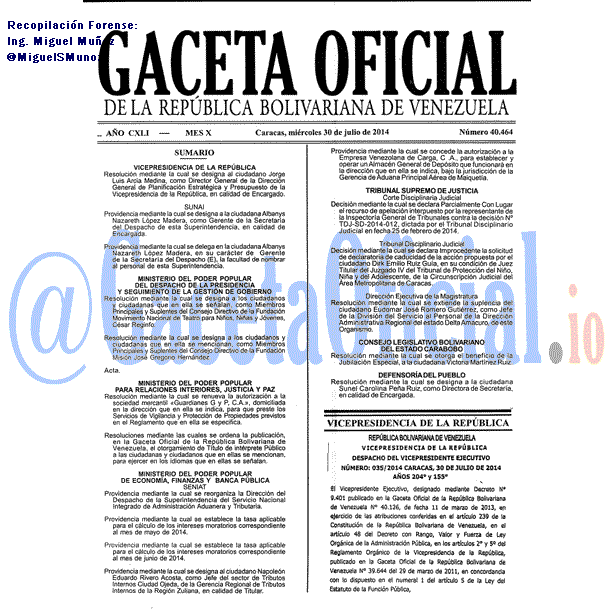 Gaceta Oficial 40464 del 30 Julio 2014