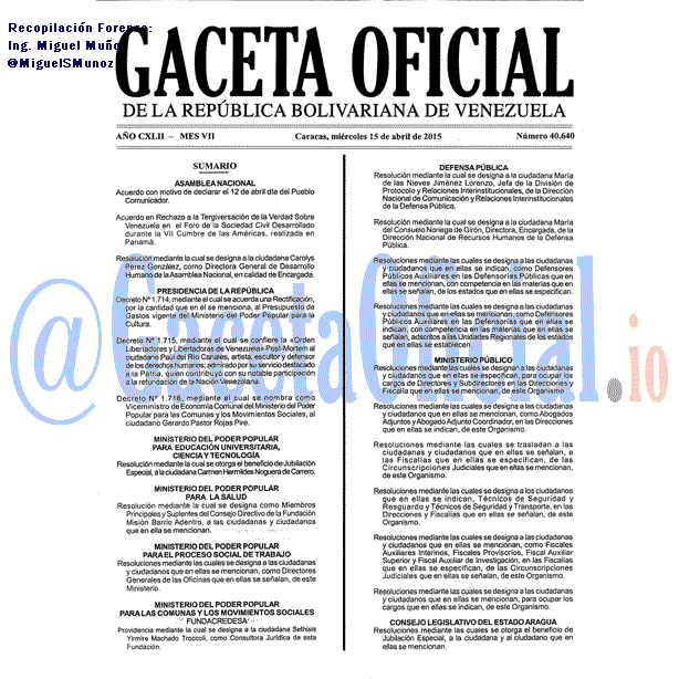 Gaceta Oficial 40640 del 15 Abril 2015